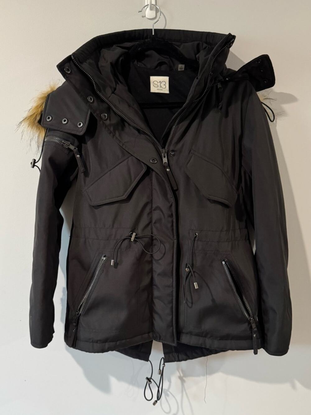 S13 Women's Black Insulated Parka with Removeable Faux Fur Trim Hood